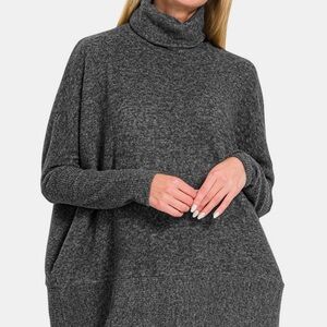 Full Size Brushed Melange Hacci Turtleneck Sweater
